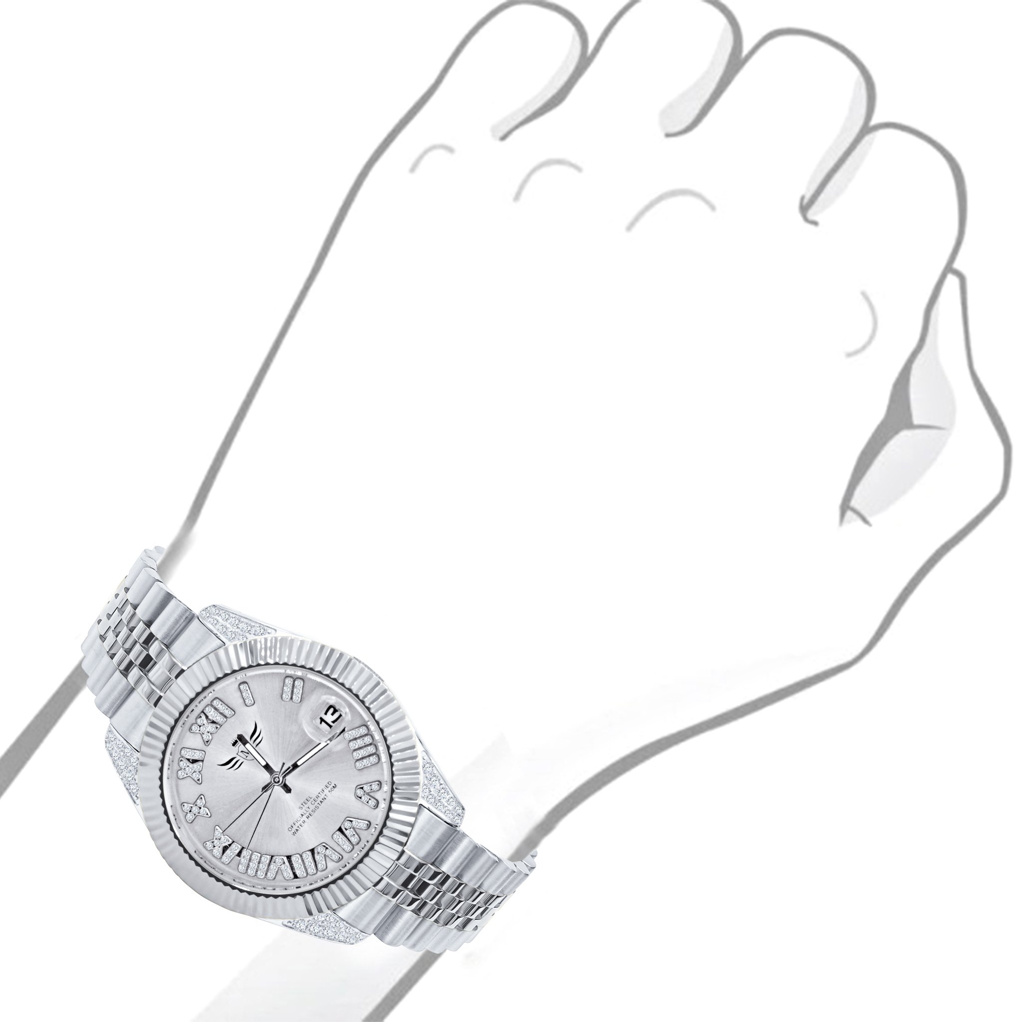 The EARL Steel Watch I 530561 featuring a luxurious stainless steel strap, Roman numeral dial with crystal stones, and elegant design.