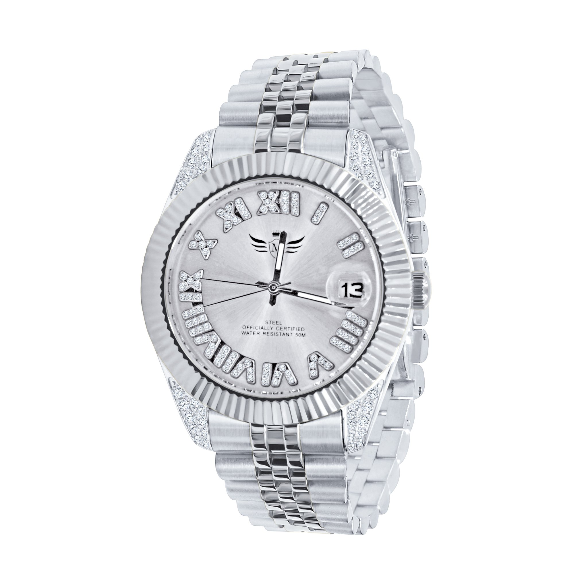 The EARL Steel Watch I 530561 featuring a luxurious stainless steel strap, Roman numeral dial with crystal stones, and elegant design.