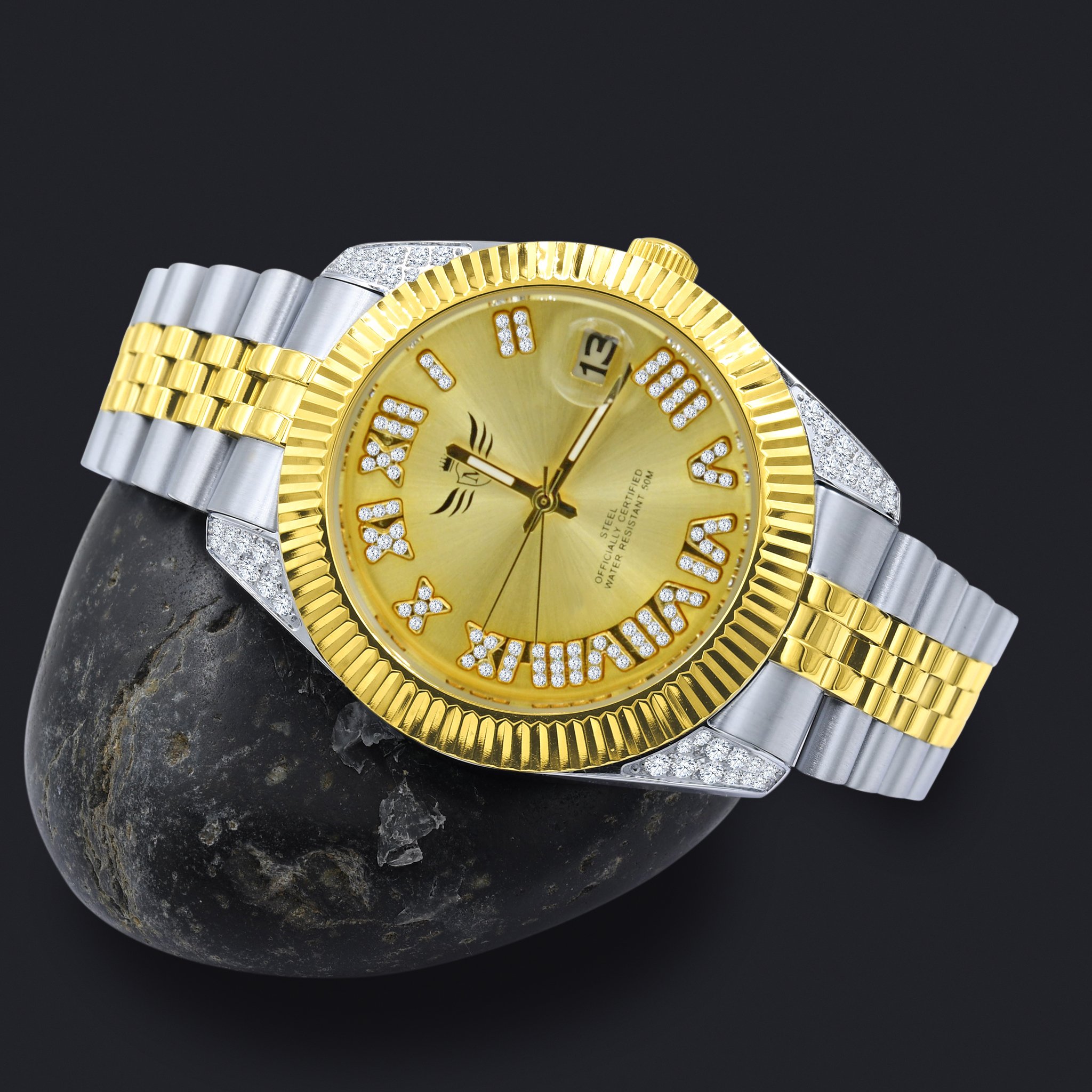 Luxury EARL Steel Watch I 5305642 featuring a Roman numeral dial with crystal stones and a stainless steel strap.