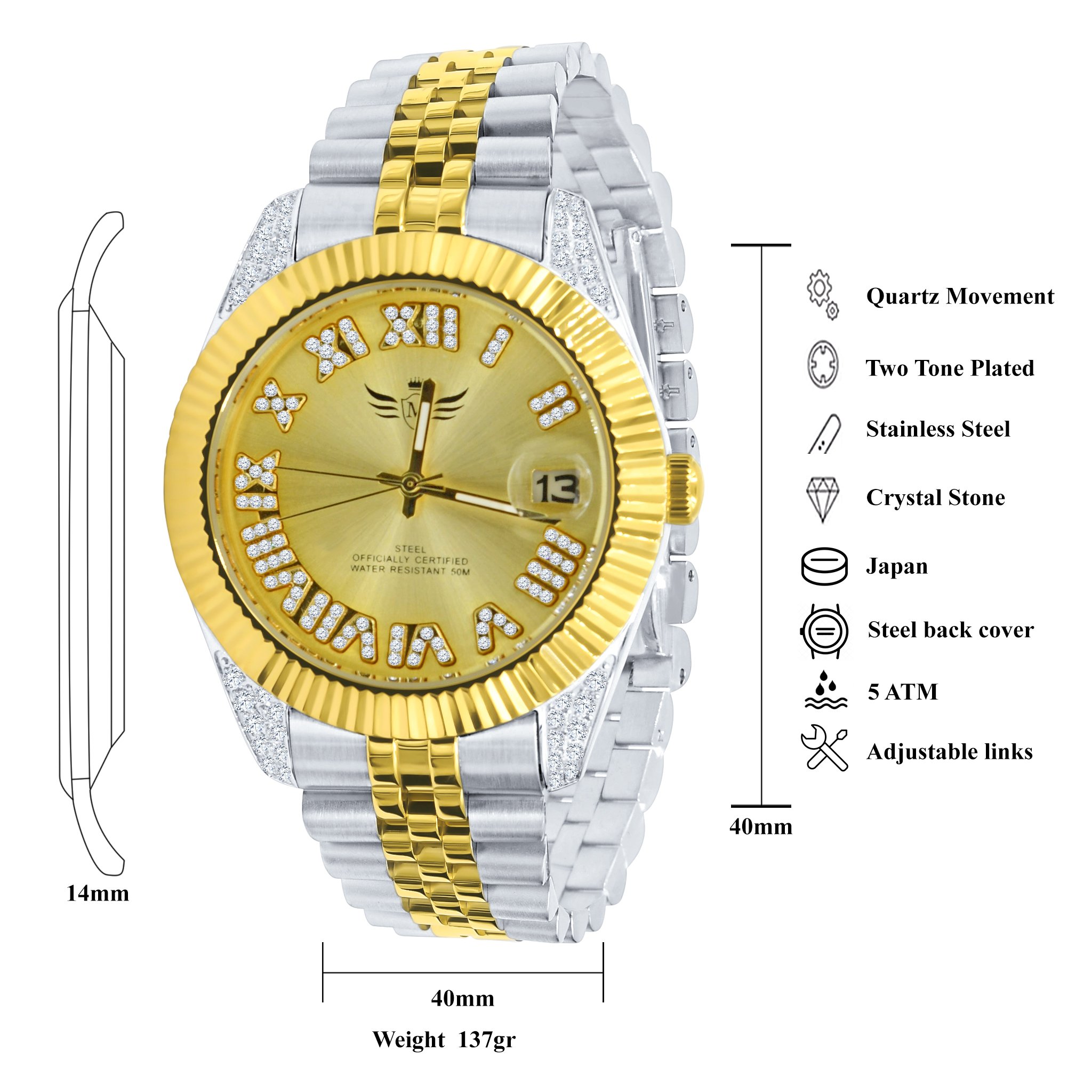 Luxury EARL Steel Watch I 5305642 featuring a Roman numeral dial with crystal stones and a stainless steel strap.