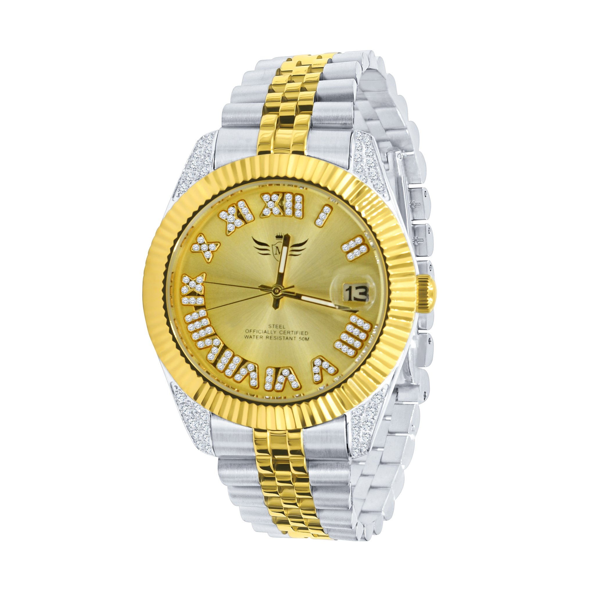 Luxury EARL Steel Watch I 5305642 featuring a Roman numeral dial with crystal stones and a stainless steel strap.