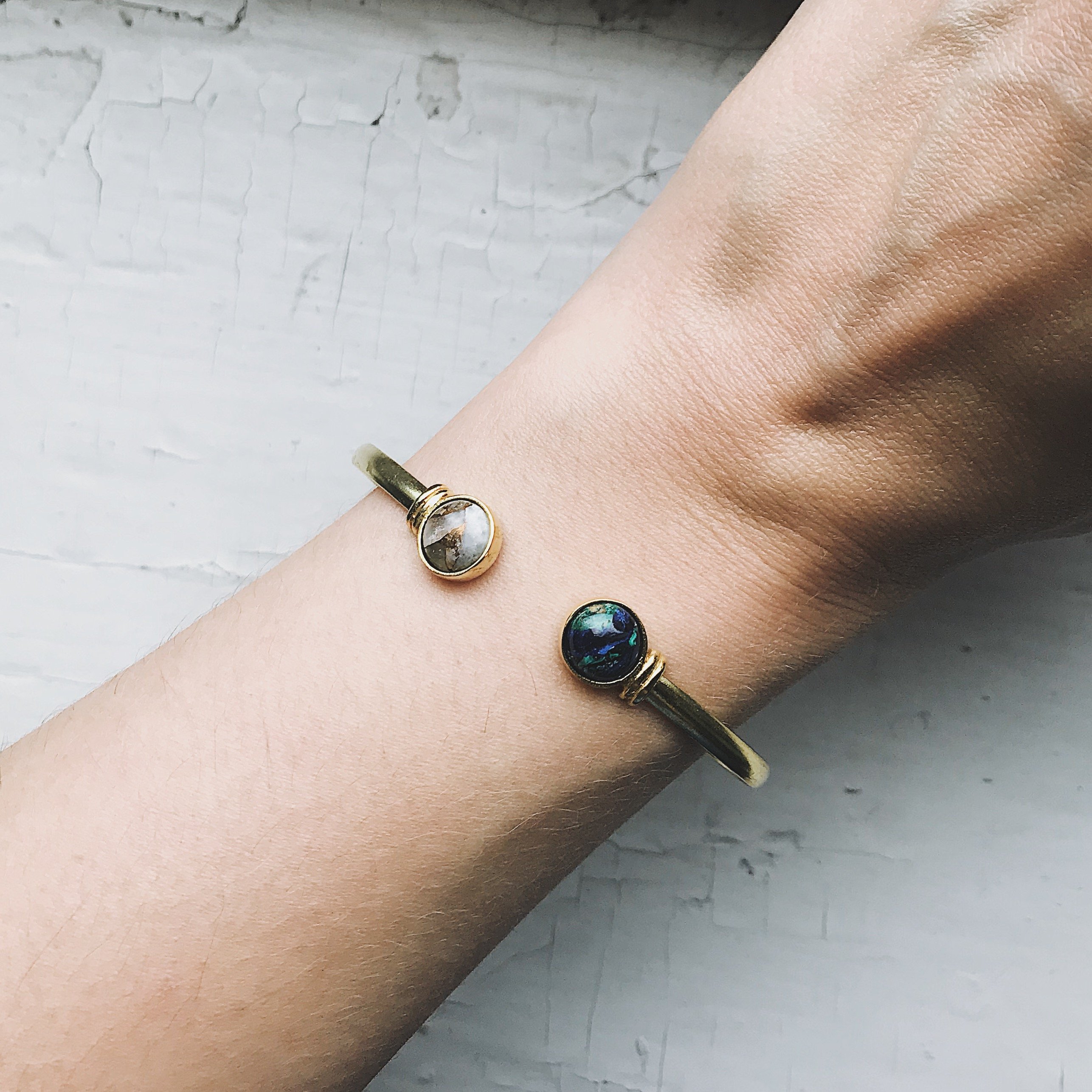 Earth and Moon Cuff Bracelet featuring azurite malachite and copper calcite stones in gold or silver tone.