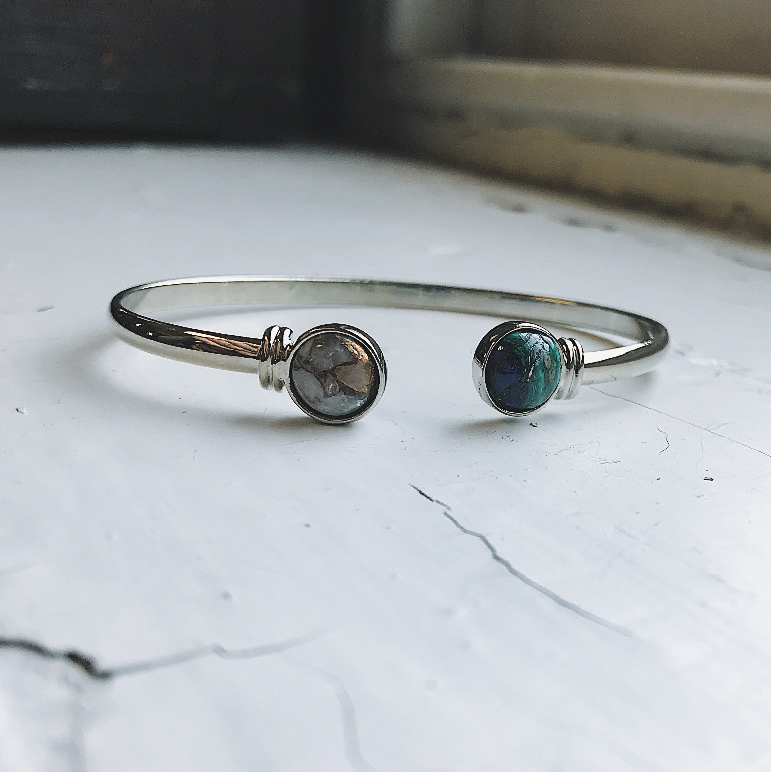 Earth and Moon Cuff Bracelet featuring azurite malachite and copper calcite stones in gold or silver tone.