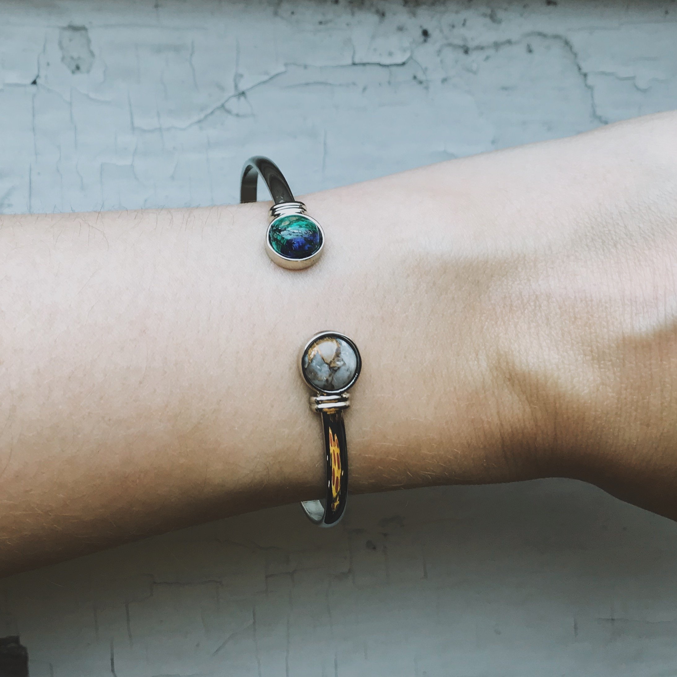 Earth and Moon Cuff Bracelet featuring azurite malachite and copper calcite stones in gold or silver tone.