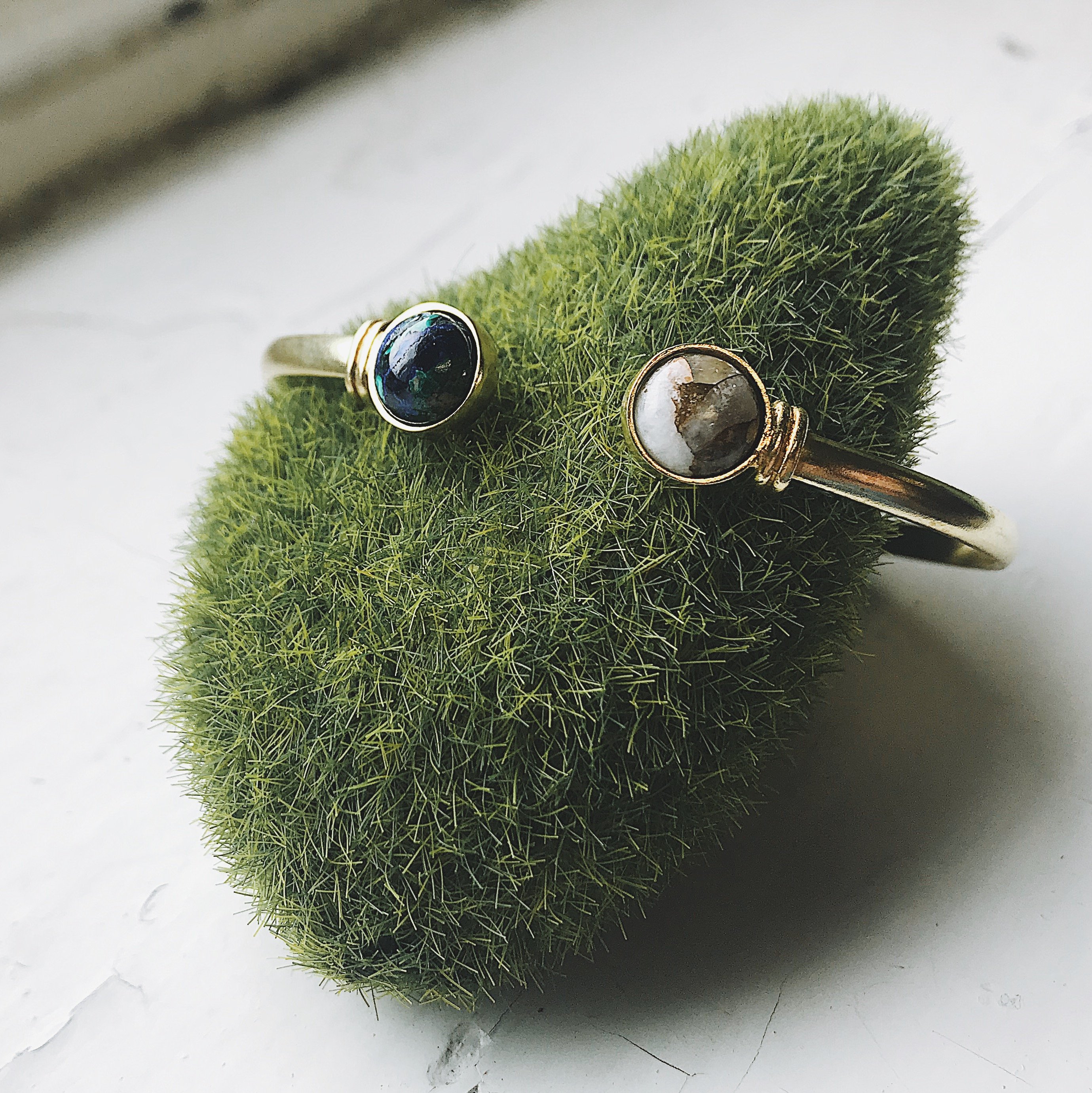 Earth and Moon Cuff Bracelet featuring azurite malachite and copper calcite stones in gold or silver tone.