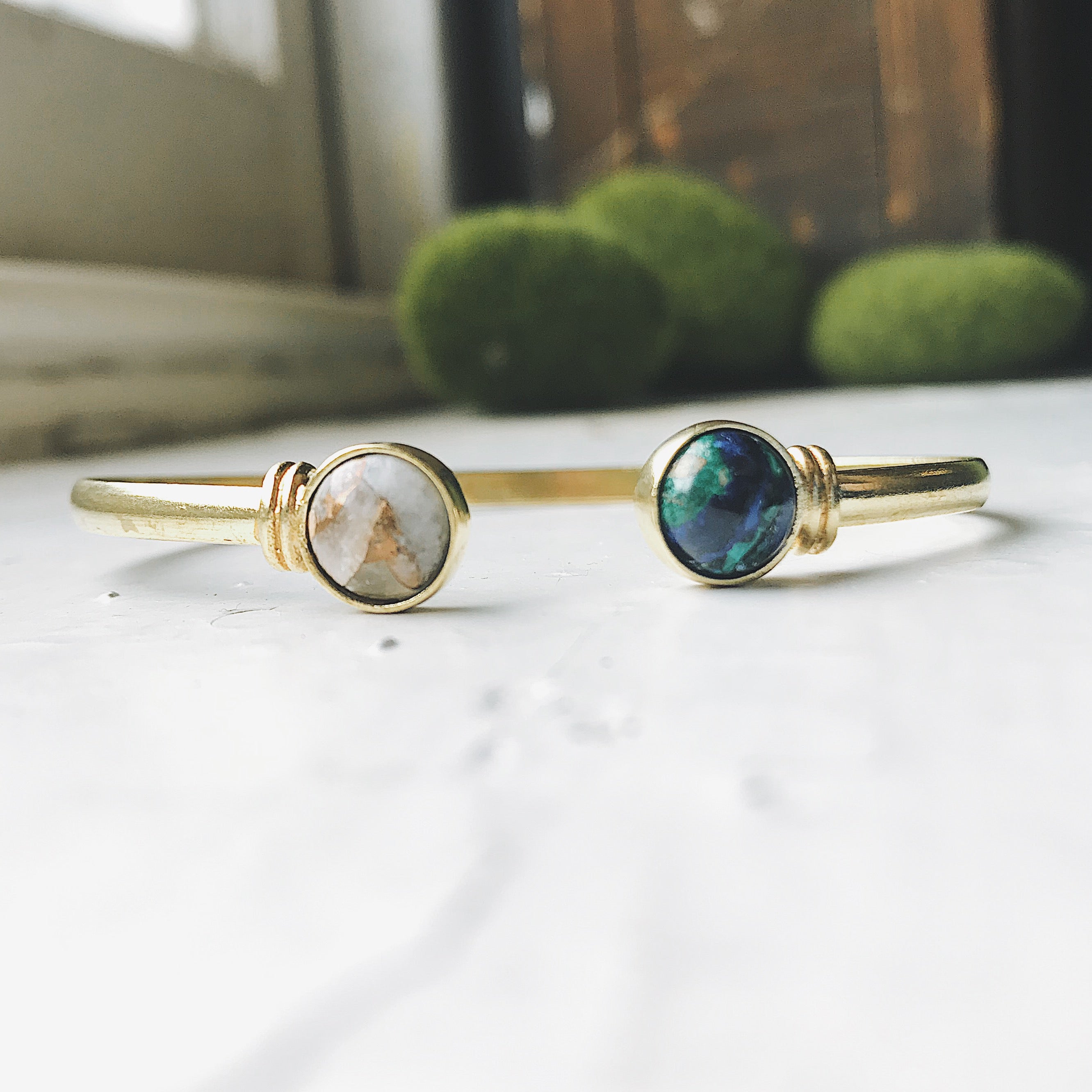 Earth and Moon Cuff Bracelet featuring azurite malachite and copper calcite stones in gold or silver tone.