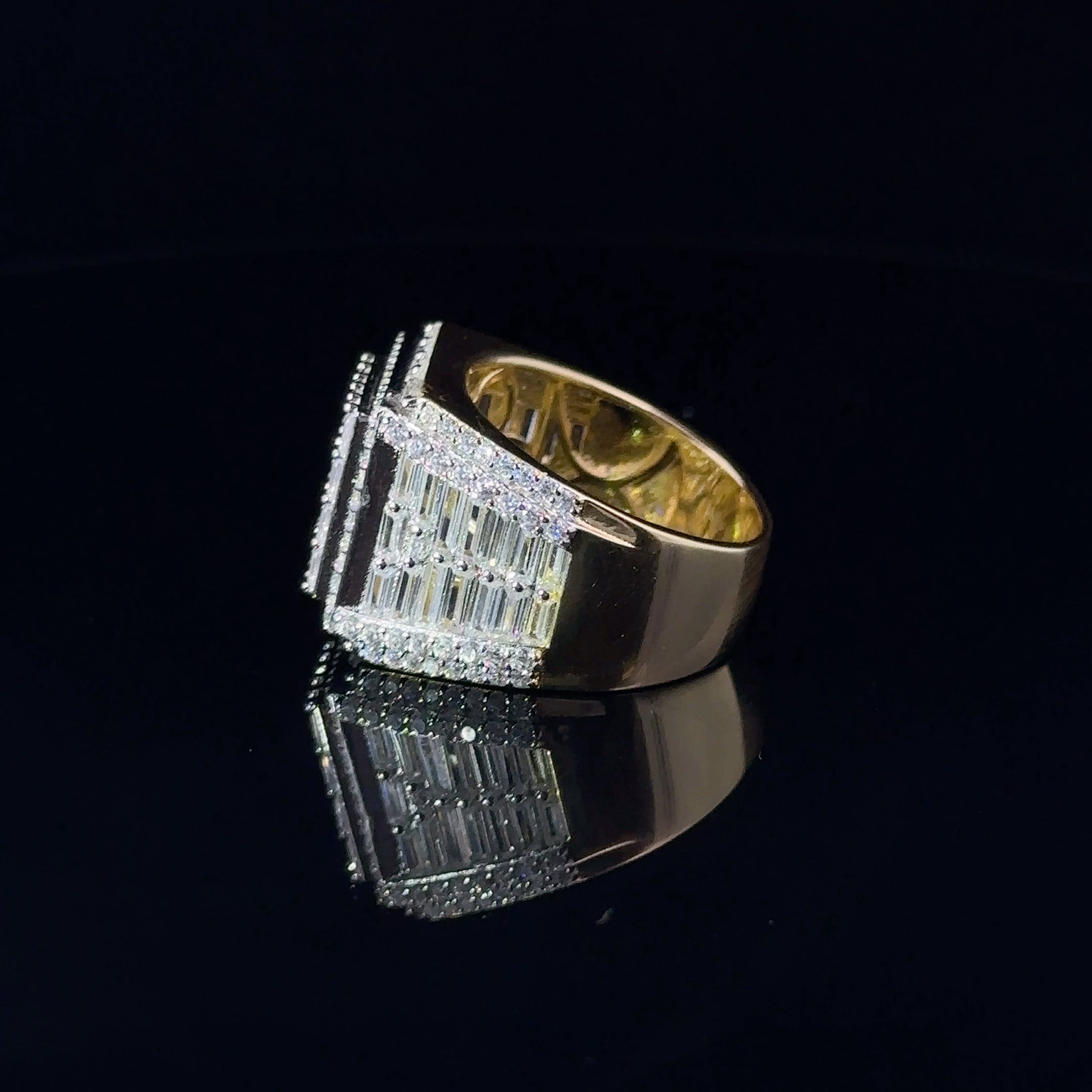 ECLAT 925 CZ Yellow Gold Men's Iced Out Ring featuring cubic zirconia stones on a sterling silver base, elegantly designed for style and durability.