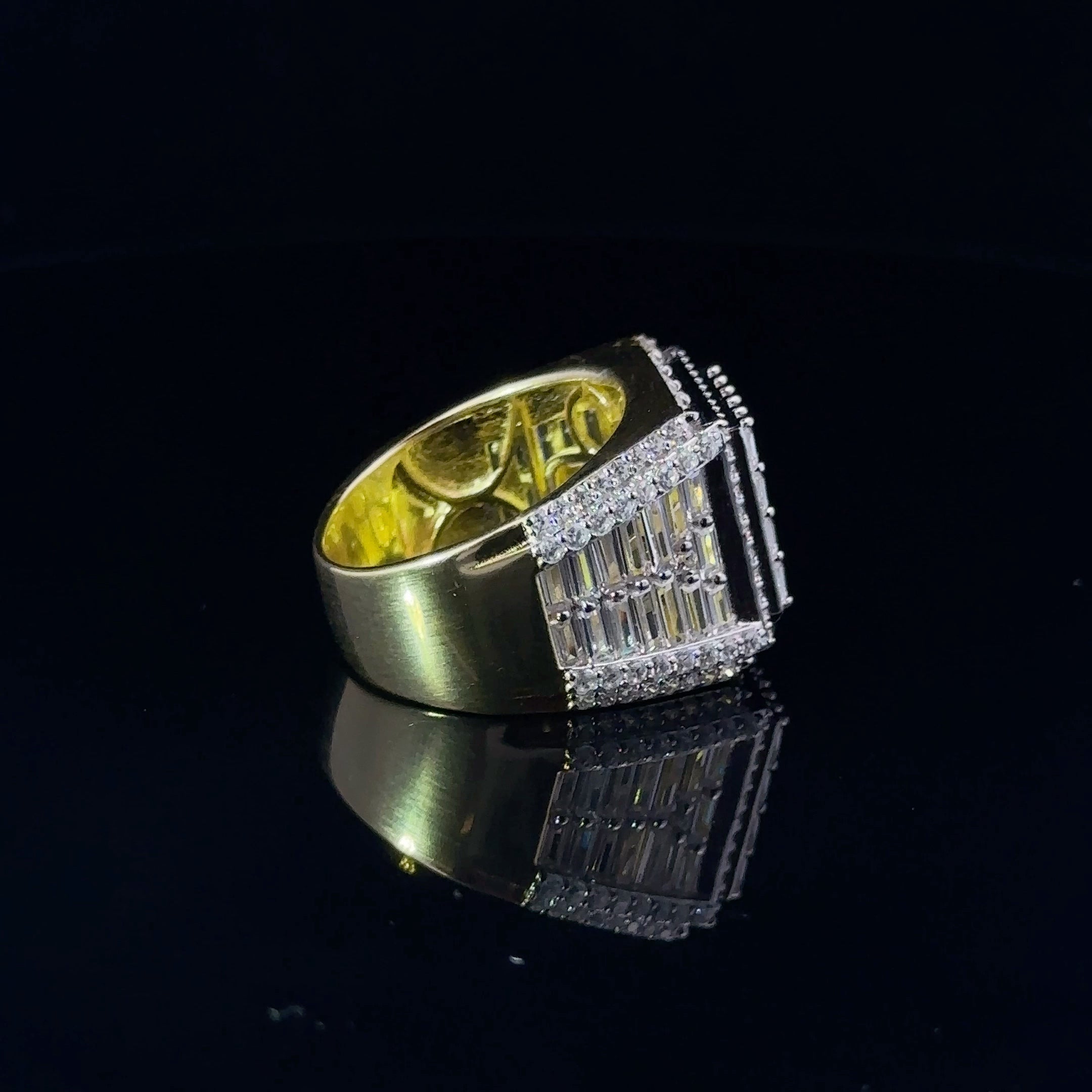 ECLAT 925 CZ Yellow Gold Men's Iced Out Ring featuring cubic zirconia stones on a sterling silver base, elegantly designed for style and durability.