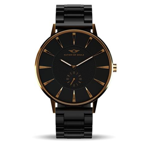 Eclipse Gold Gloss watch with Obsidian Black dial, featuring diamond cut hands and guilloche pattern.