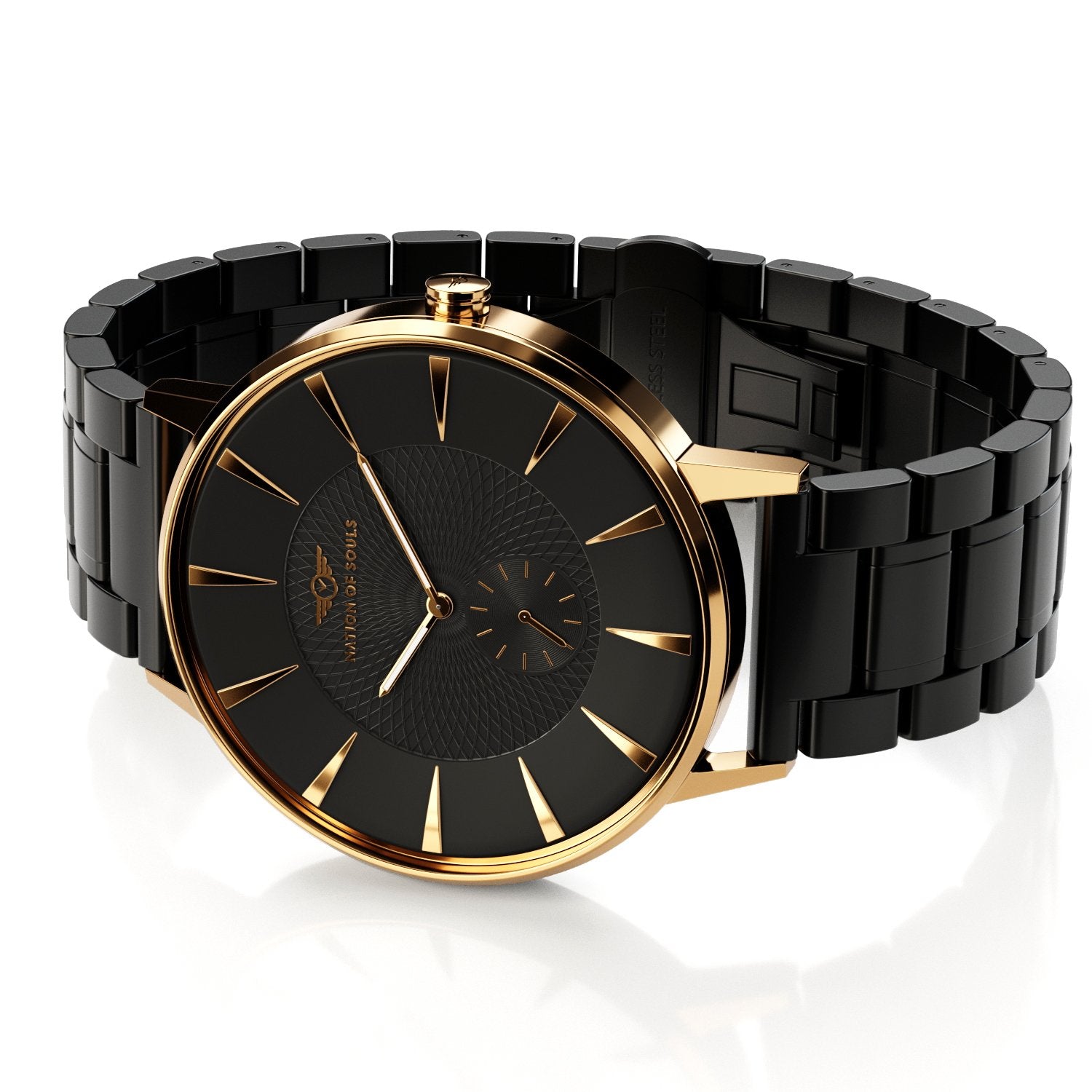 Eclipse Gold Gloss watch with Obsidian Black dial, featuring diamond cut hands and guilloche pattern.