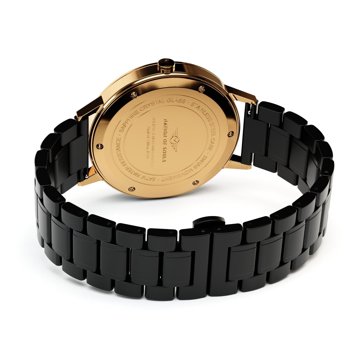 Eclipse Gold Gloss watch with Obsidian Black dial, featuring diamond cut hands and guilloche pattern.