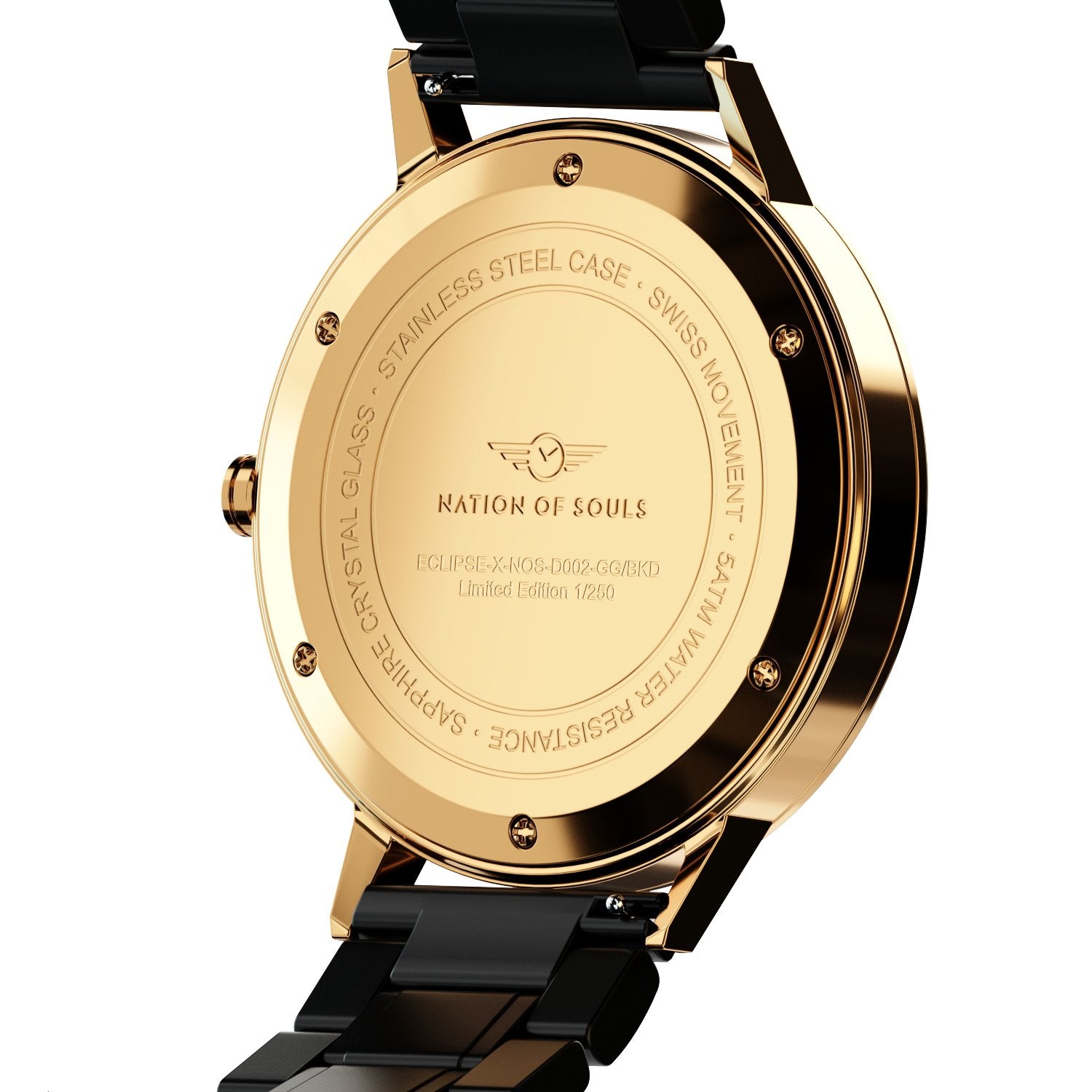 Eclipse Gold Gloss watch with Obsidian Black dial, featuring diamond cut hands and guilloche pattern.