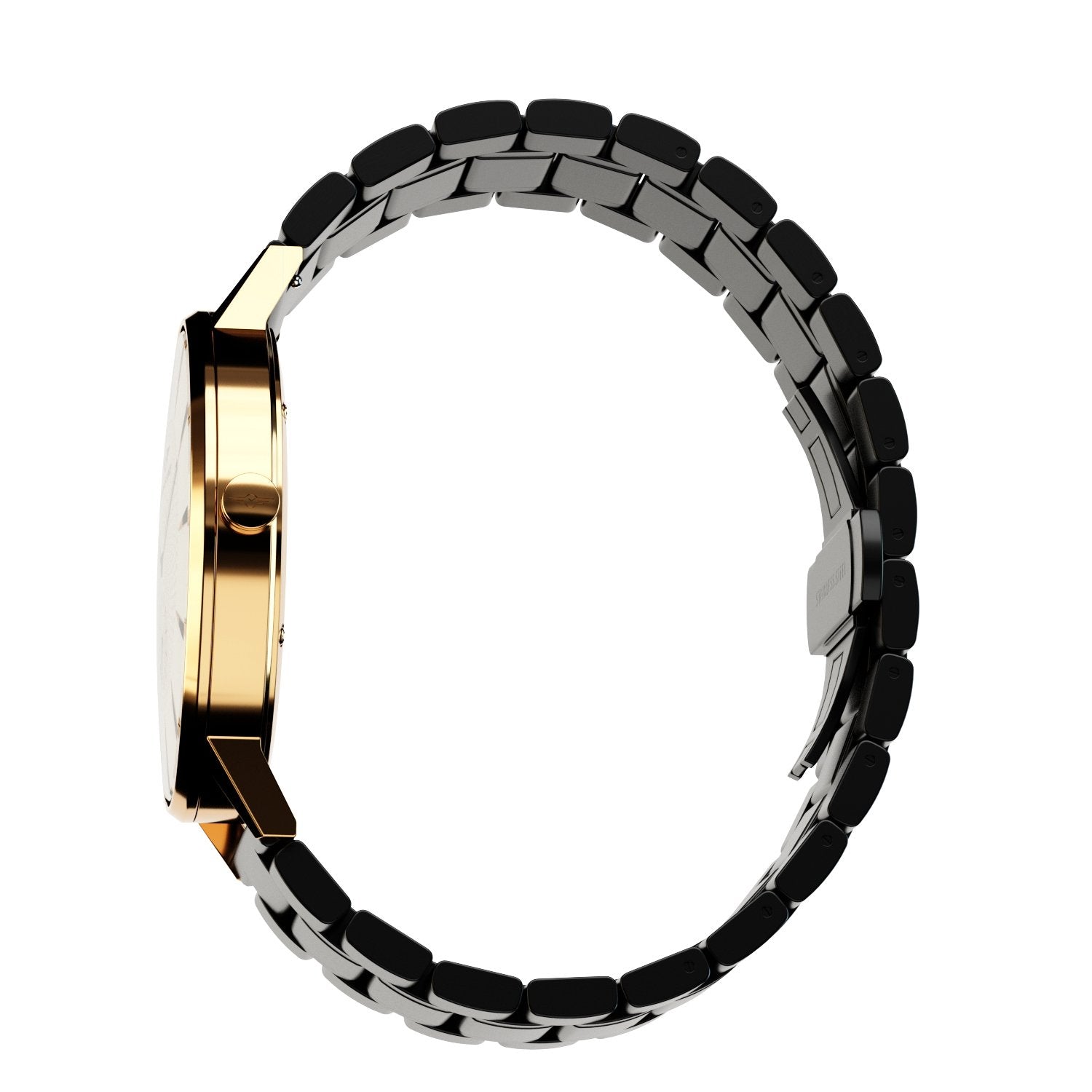 Eclipse Gold Gloss watch with Obsidian Black dial, featuring diamond cut hands and guilloche pattern.