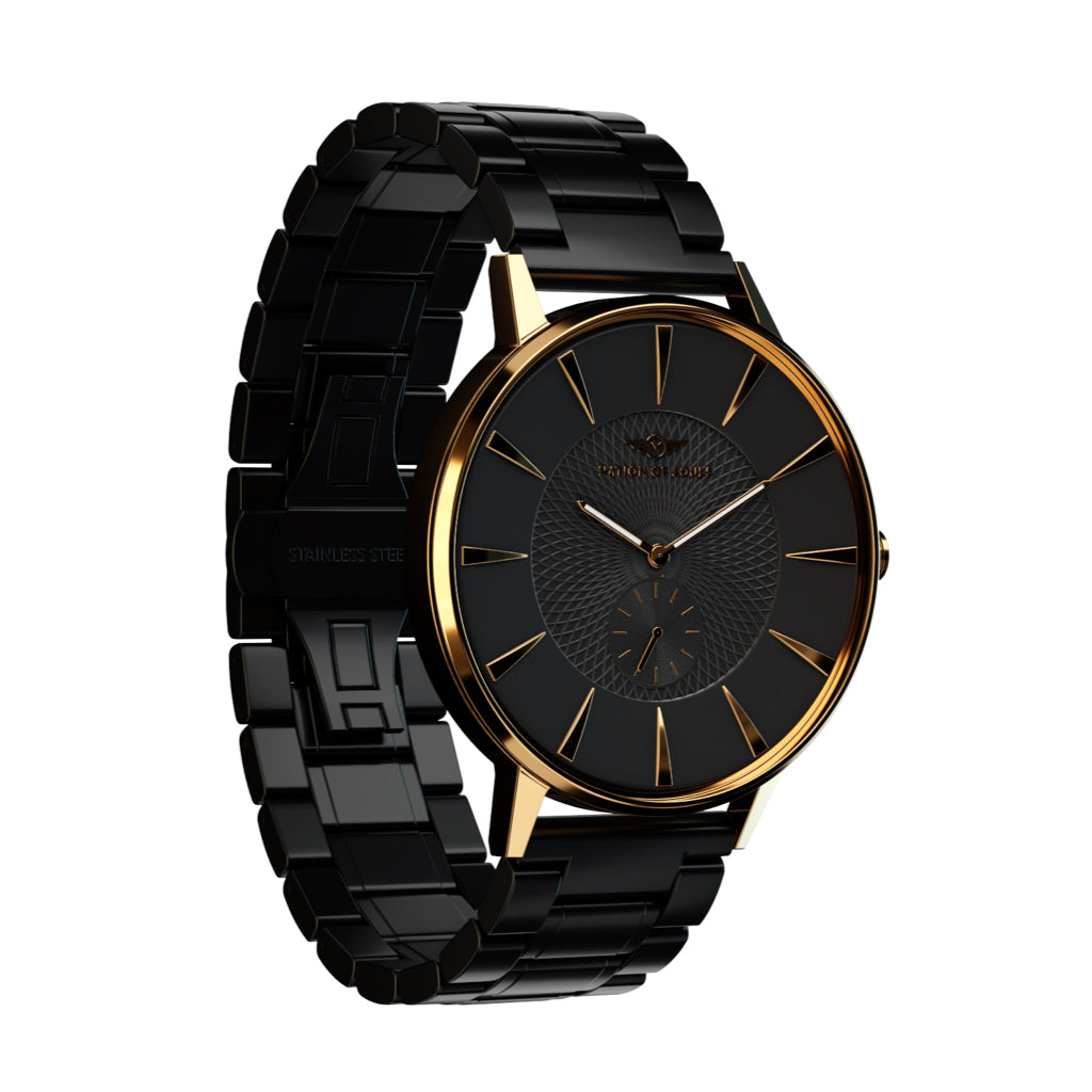 Eclipse Gold Gloss watch with Obsidian Black dial, featuring diamond cut hands and guilloche pattern.