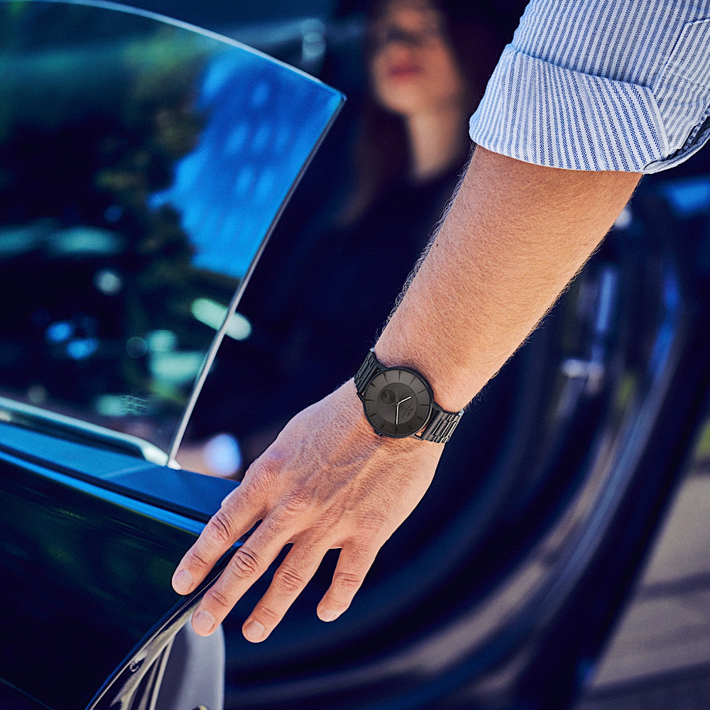 Eclipse Jet Black Brushed - Gunmetal watch featuring a domed sapphire crystal, diamond cut hands, and a guilloche patterned dial.