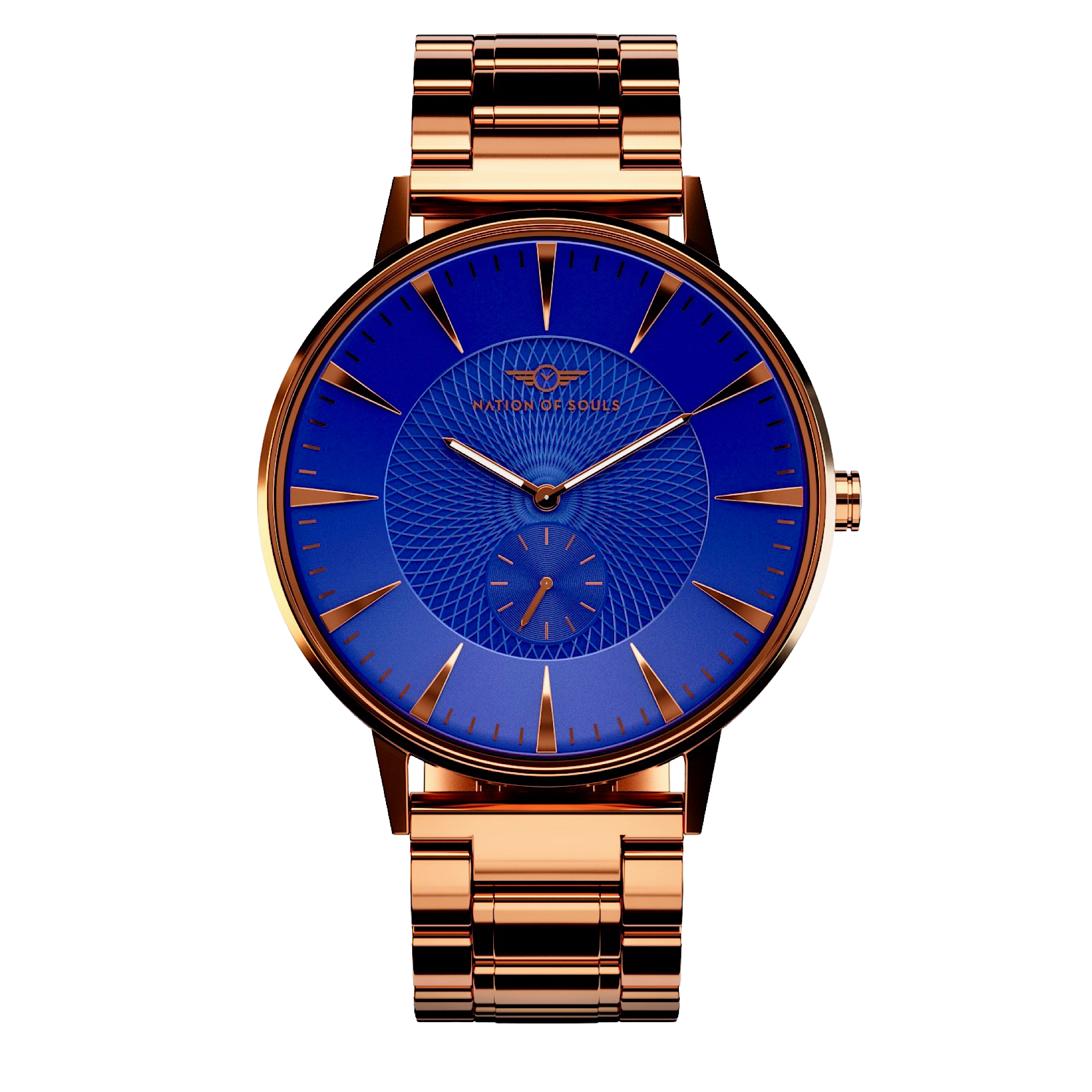 Eclipse watch featuring rose gold gloss finish and cobalt blue accents, showcasing a domed sapphire crystal and intricate guilloche pattern dial.