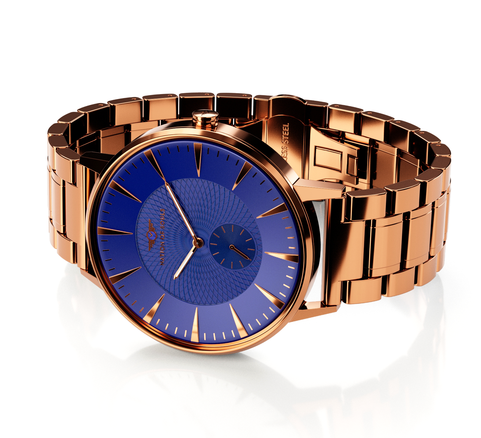 Eclipse watch featuring rose gold gloss finish and cobalt blue accents, showcasing a domed sapphire crystal and intricate guilloche pattern dial.