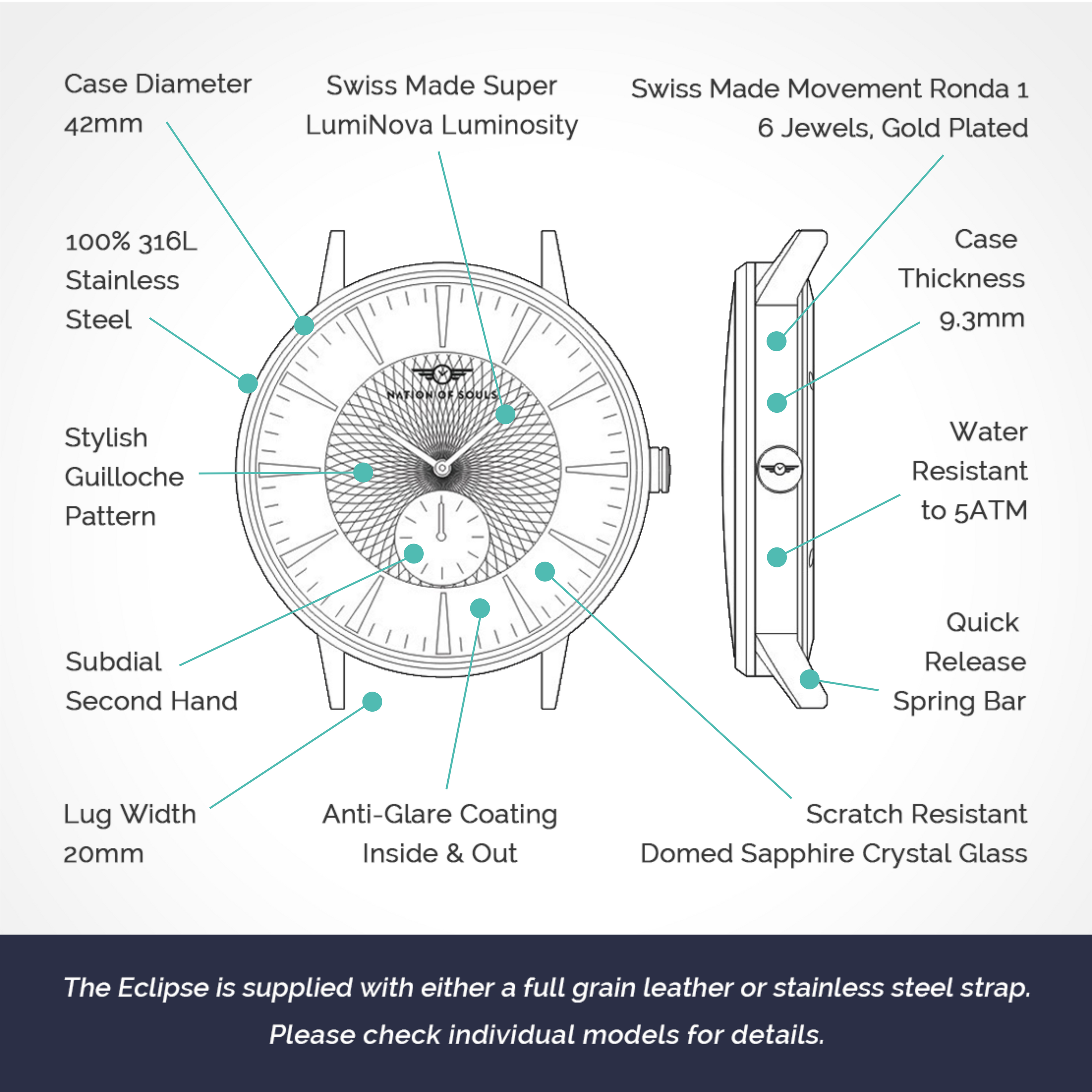 Eclipse Silver Gloss Coffee watch featuring a domed sapphire crystal, diamond cut hands, and a unique guilloche pattern dial.