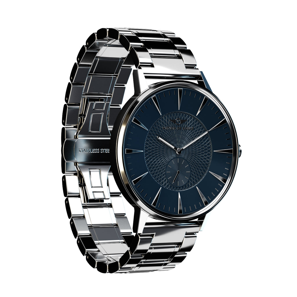 Eclipse Silver Gloss watch with Royal Blue accents, featuring a domed sapphire crystal and intricate guilloche dial pattern.