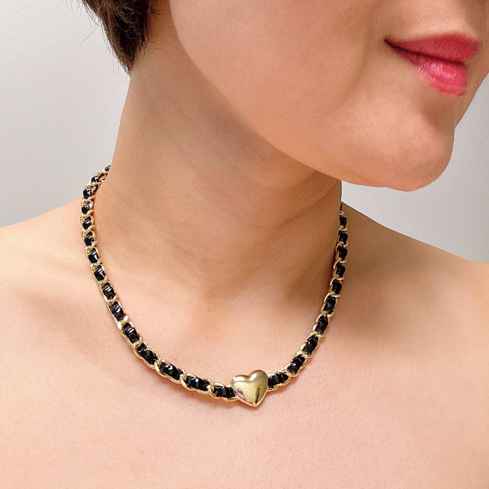 Edgy Heart Chain Choker Necklace featuring a unique heart chain design in 18k gold plated brass, perfect for layering or wearing alone.