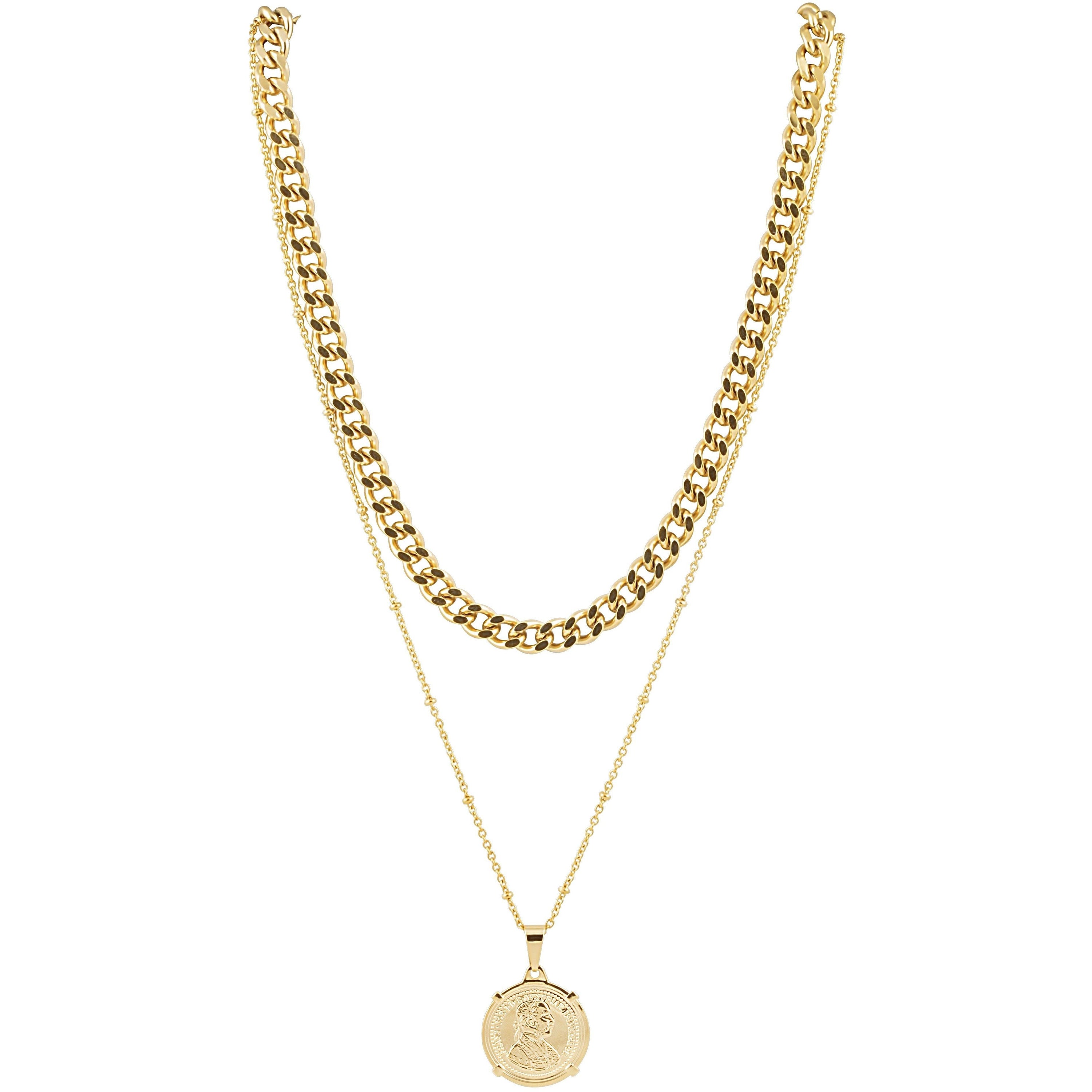 Edina Coin Necklace featuring a Cuban link chain and coin pendant, elegantly designed in 18k gold plated stainless steel.