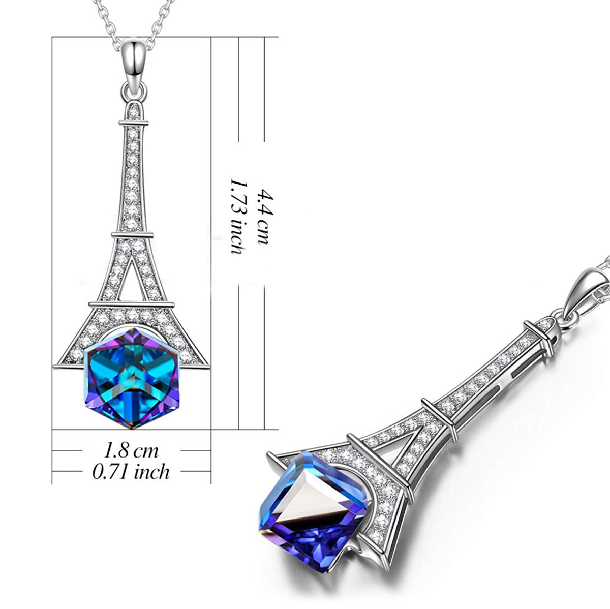 Eiffel Tower Blue Cubed Pendant Necklace featuring a blue princess cut crystal on a 14K gold plated link chain.