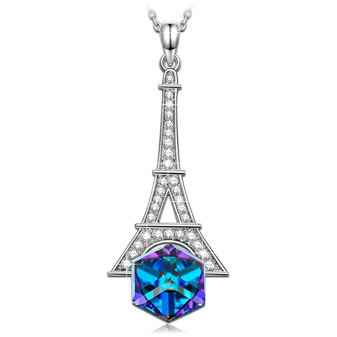 Eiffel Tower Blue Cubed Pendant Necklace featuring a blue princess cut crystal on a 14K gold plated link chain.