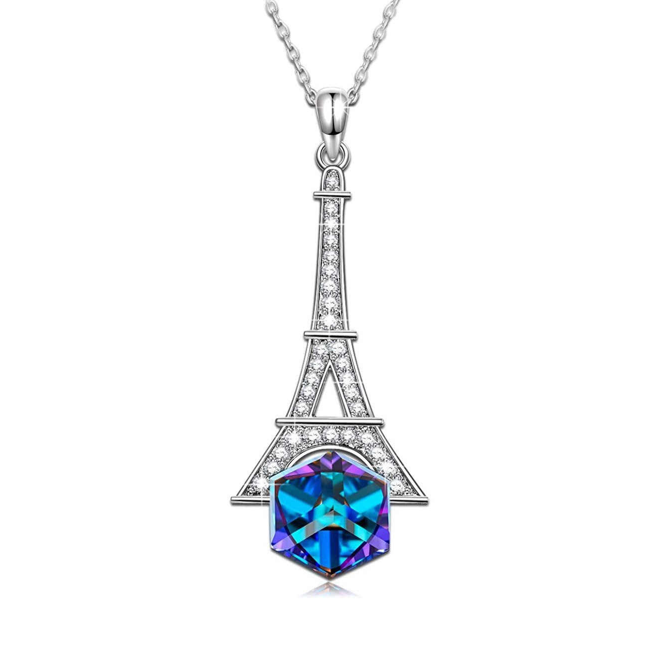 Eiffel Tower Pave Necklace featuring 18K white gold plating and Austrian crystals, elegantly designed for a sophisticated look.