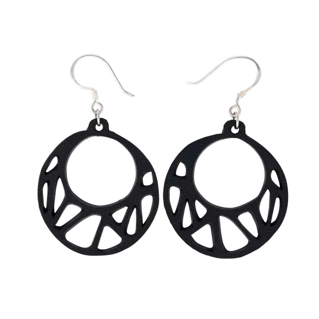 Ella Geometric Recycled Rubber Earrings featuring unique black patterns, handcrafted from reclaimed inner tubes.