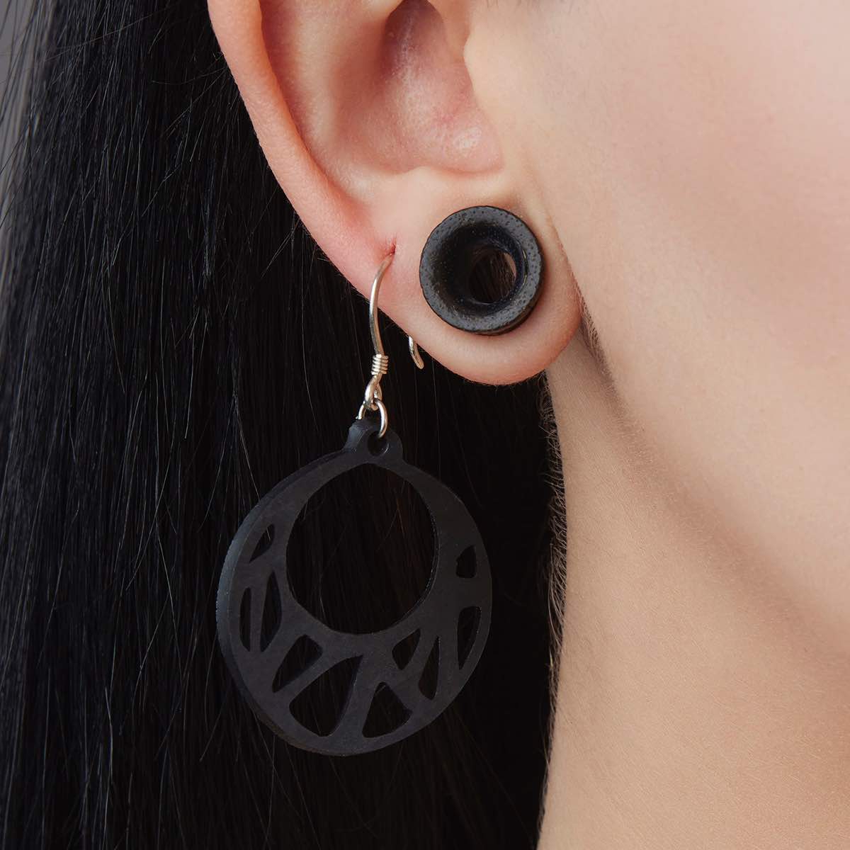 Ella Geometric Recycled Rubber Earrings featuring unique black patterns, handcrafted from reclaimed inner tubes.