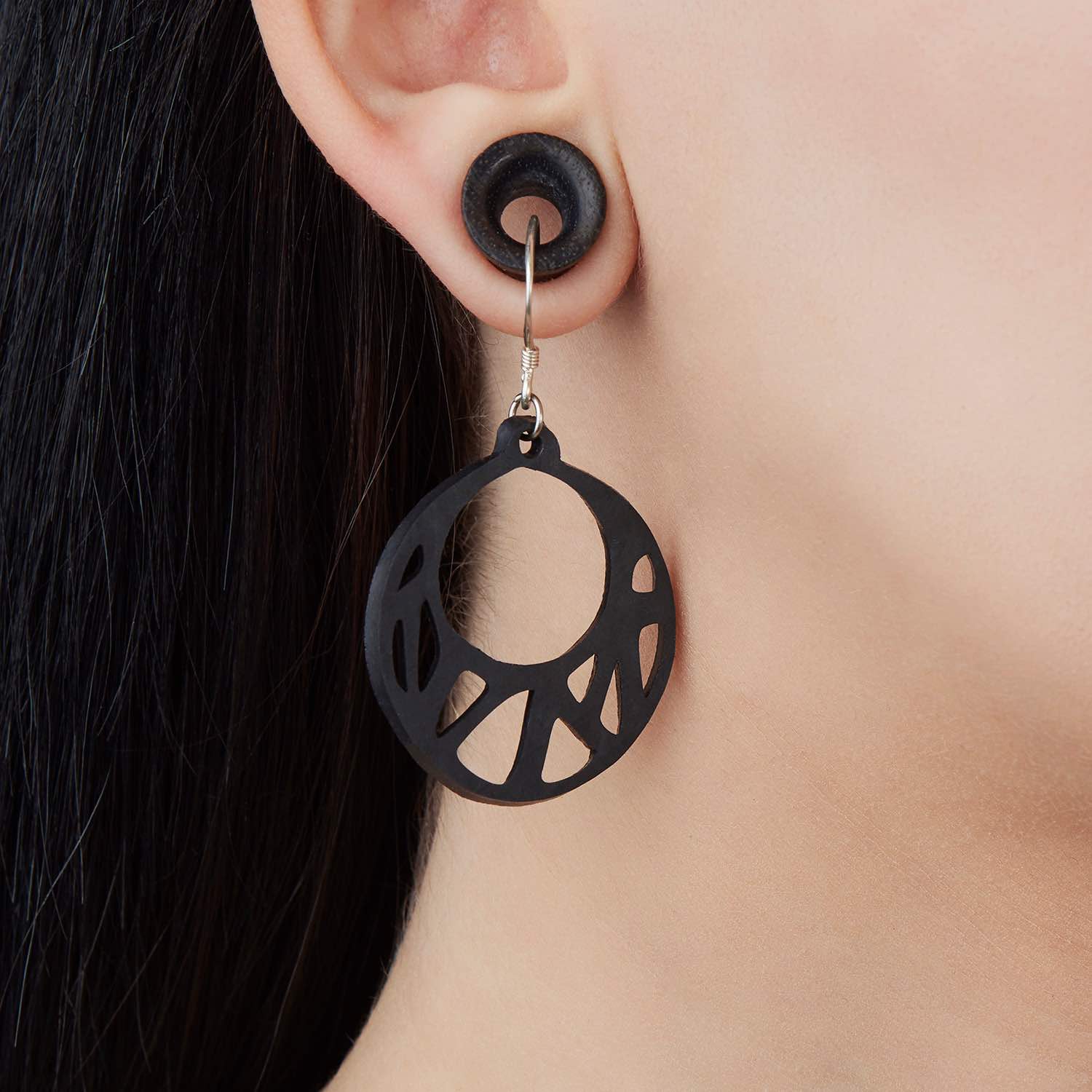 Ella Geometric Recycled Rubber Earrings featuring unique black patterns, handcrafted from reclaimed inner tubes.