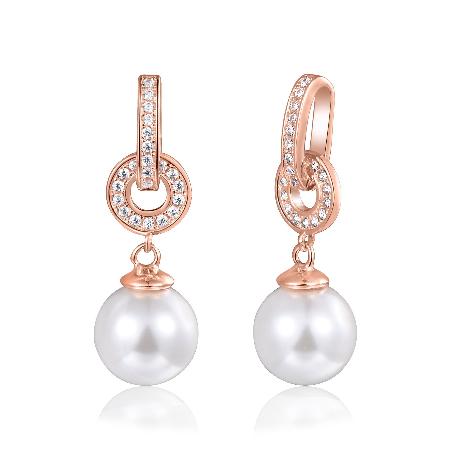 Elegant circle stud earrings made of 925 sterling silver with 18k rose gold, featuring white sapphire and shell pearl.