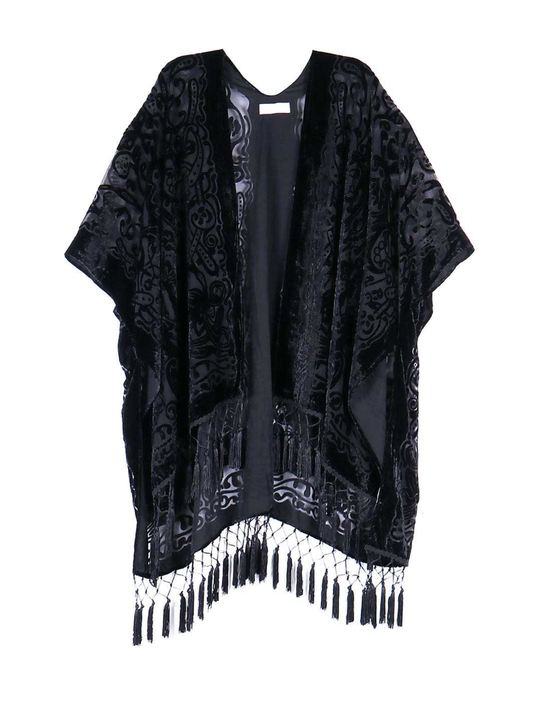 Elegant Boho Burnout Kimono featuring fringed bottoms and velvet details, showcasing its luxurious design and silky tassels.