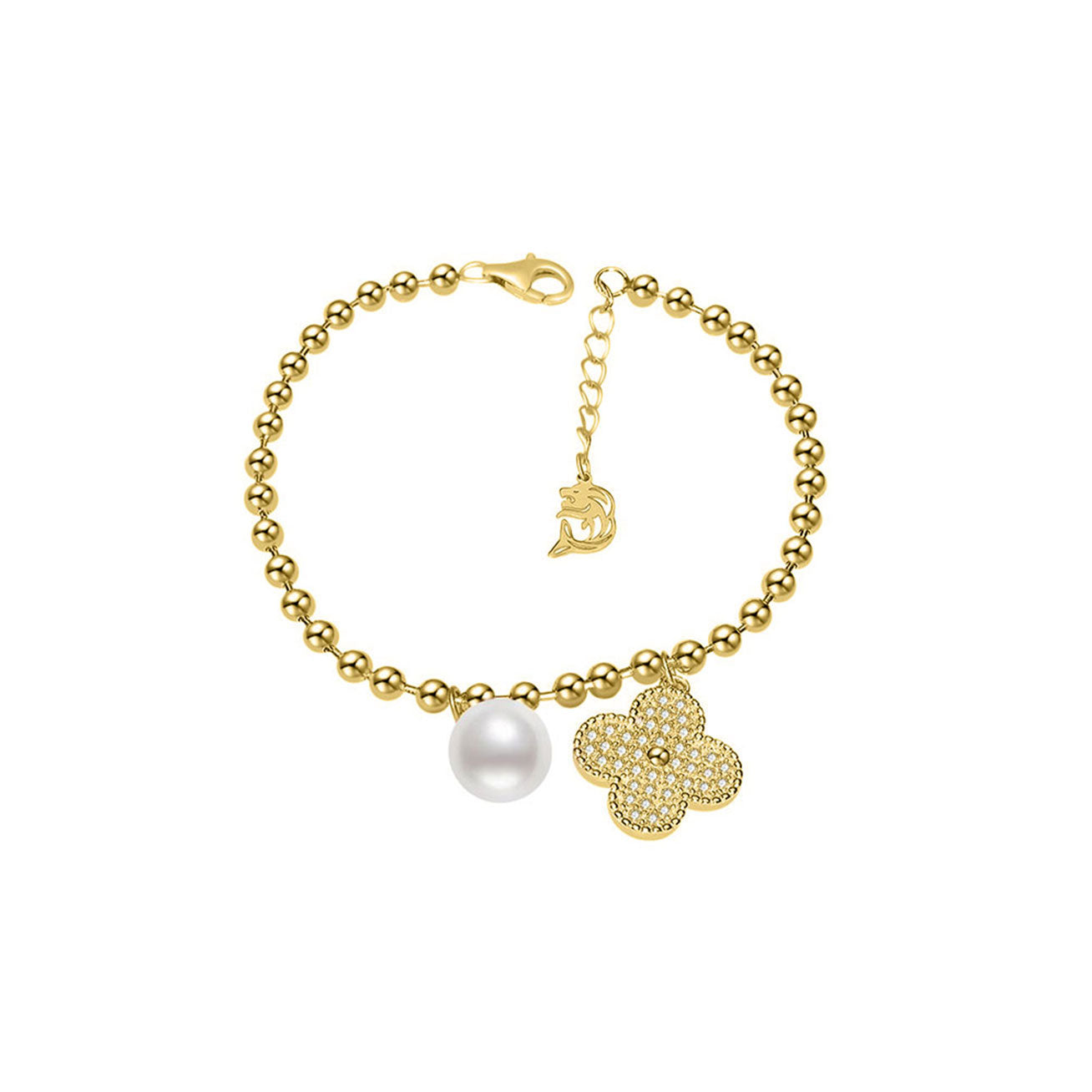 Elegant Freshwater Pearl Bracelet WB00069 featuring a round white pearl and a candied flower charm on a golden chain.