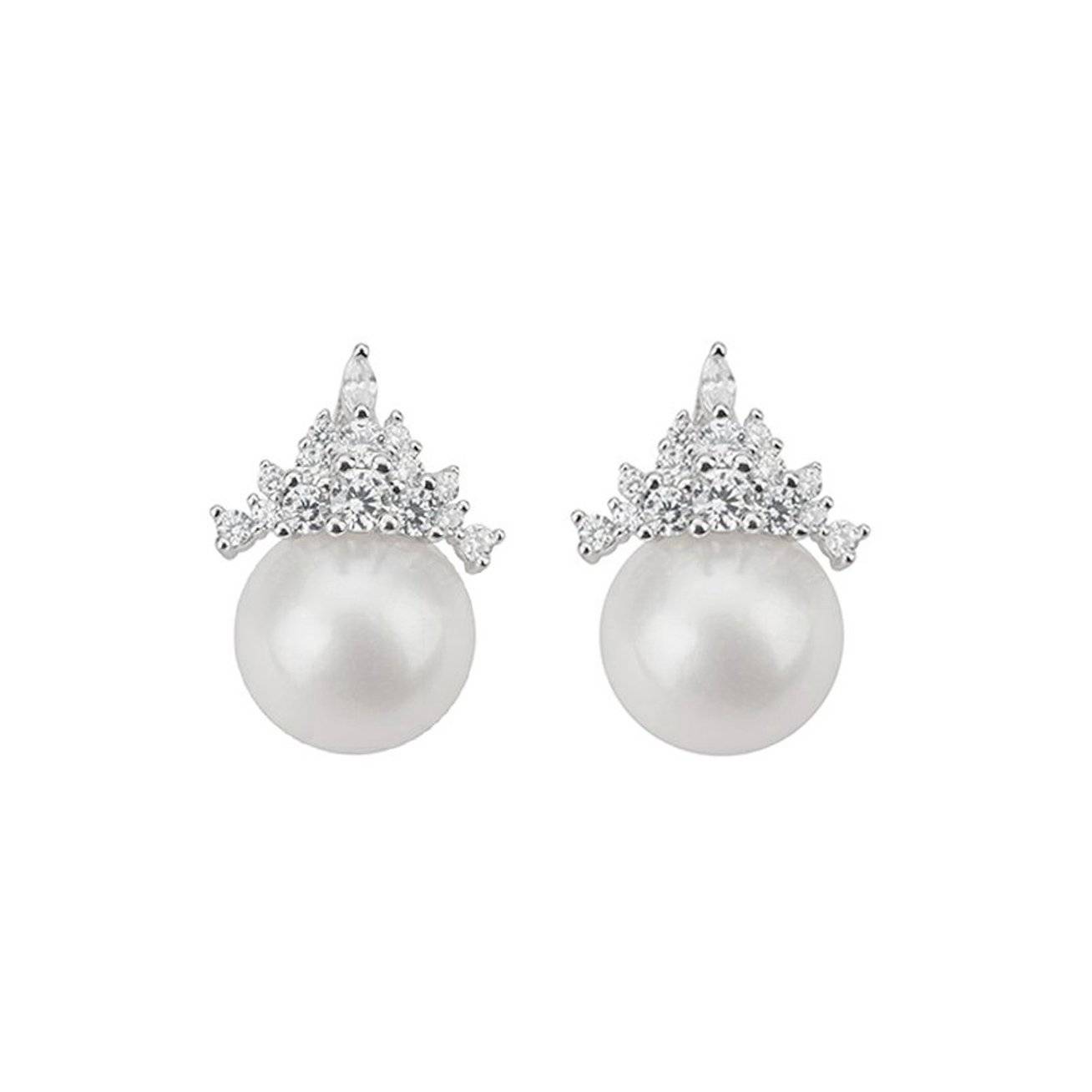 Elegant Freshwater Pearl Earrings WE00171 featuring round white pearls and sterling silver with gold plating.