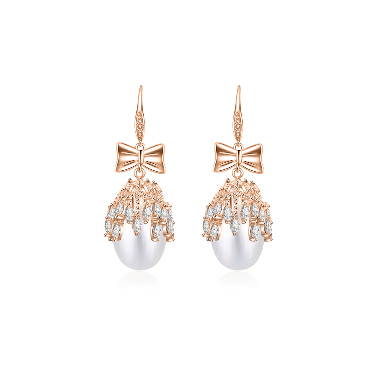 Elegant Freshwater Pearl Earrings featuring white pearls and cubic zirconia in rose gold sterling silver setting.