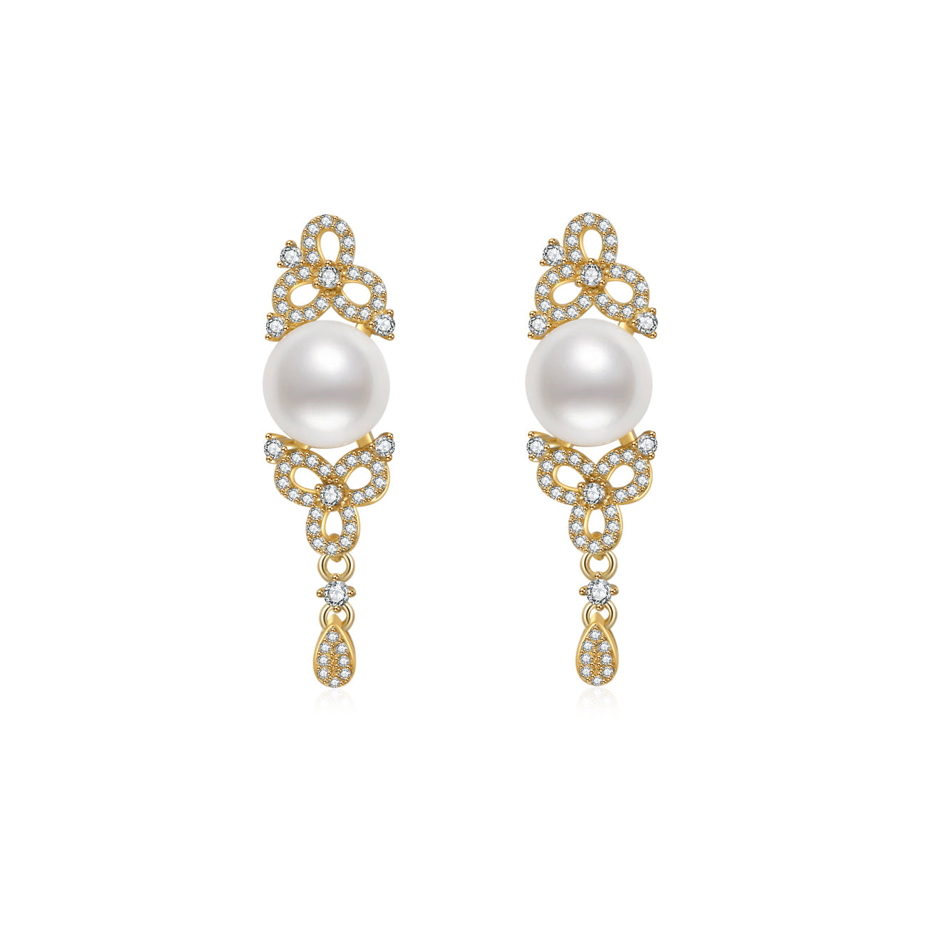 Elegant Freshwater Pearl Earrings featuring a round white pearl, sterling silver, and cubic zirconia accents, inspired by traditional Chinese knots.