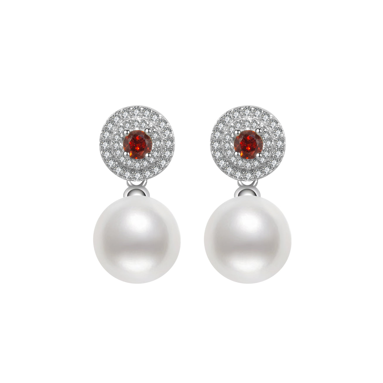 Elegant Freshwater Pearl Earrings featuring ruby red cubic zirconia, crafted in sterling silver with gold plating.