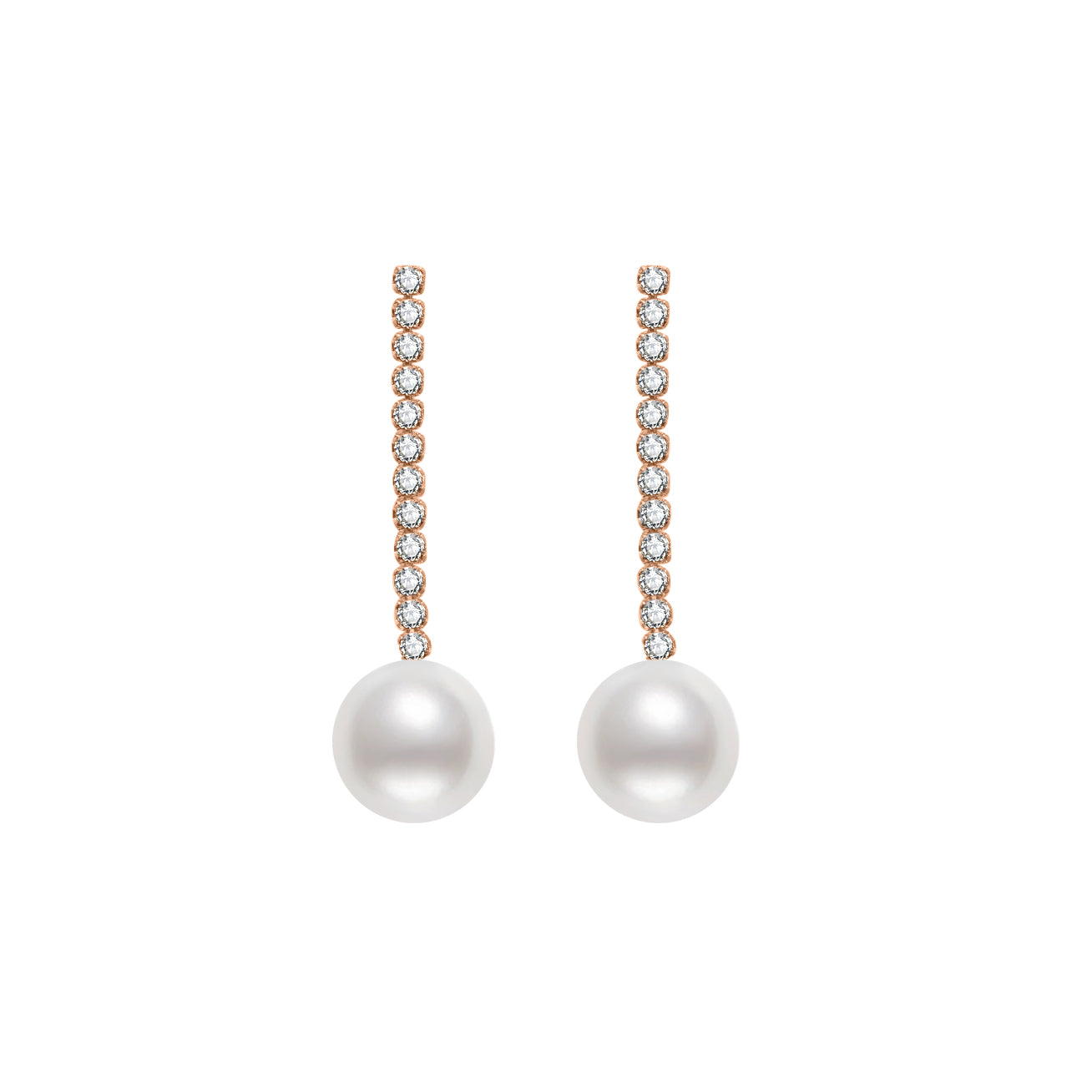 Elegant Freshwater Pearl Earrings featuring 8-9mm round white pearls, sterling silver, and rose gold plating.