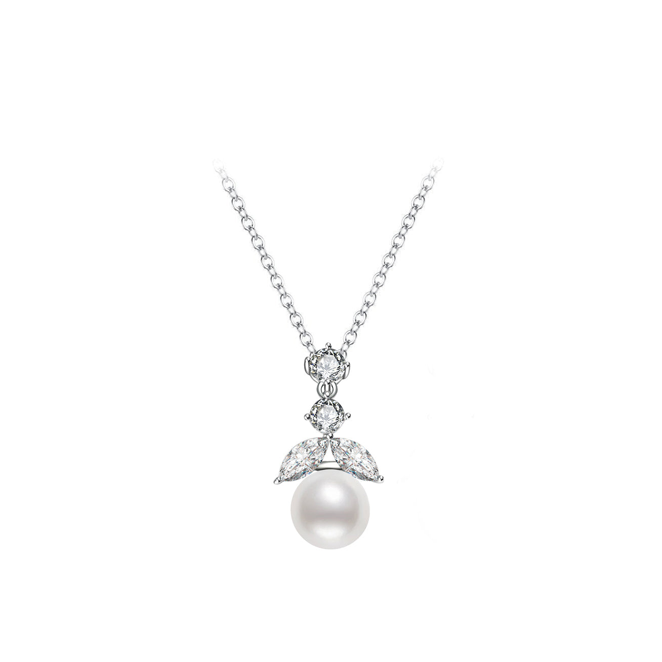 Elegant Freshwater Pearl Necklace featuring a round white pearl and cubic zirconia in a drop pendant, crafted in sterling silver with gold plating.