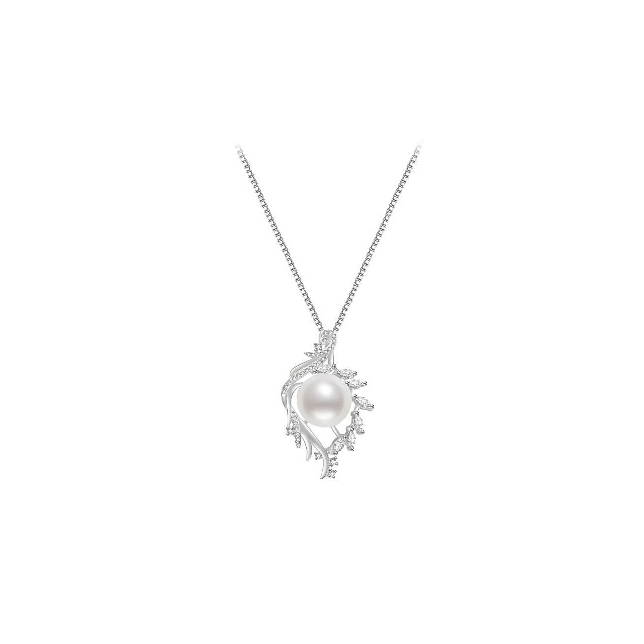 Elegant Freshwater Pearl Necklace featuring a white pearl surrounded by a gold-plated leaf design, adorned with cubic zirconia gemstones.