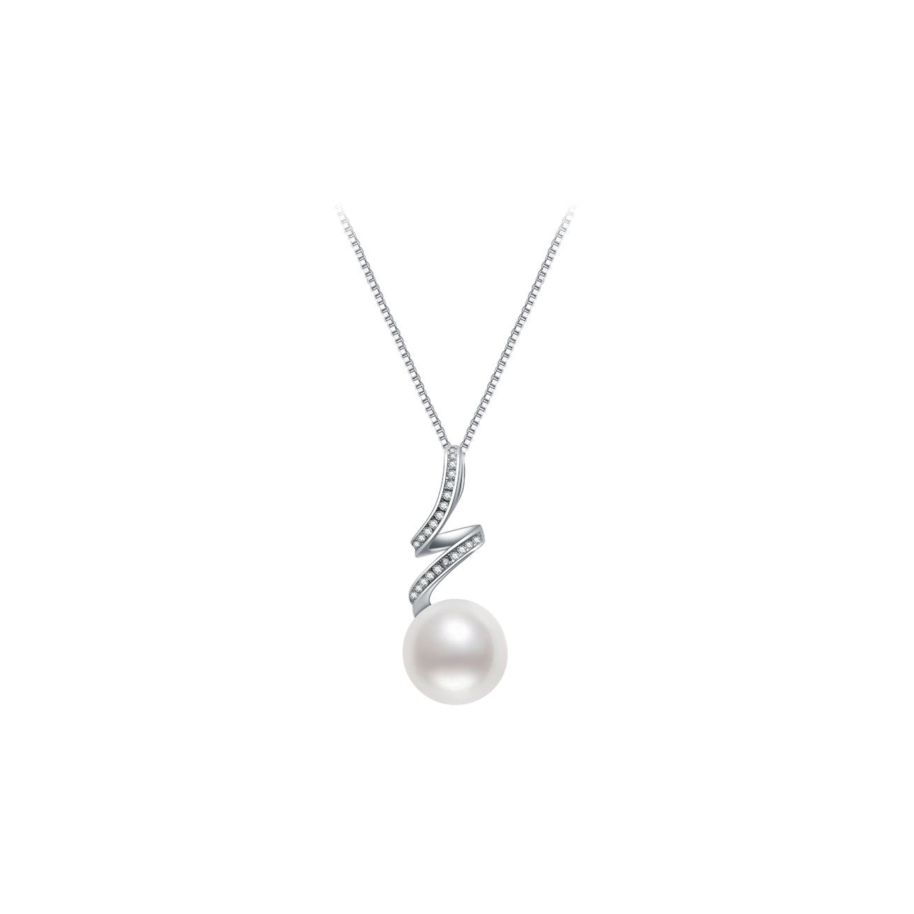 Elegant Freshwater Pearl Necklace WN00069 featuring round white pearls, cubic zirconia accents, and a gold-plated sterling silver chain.