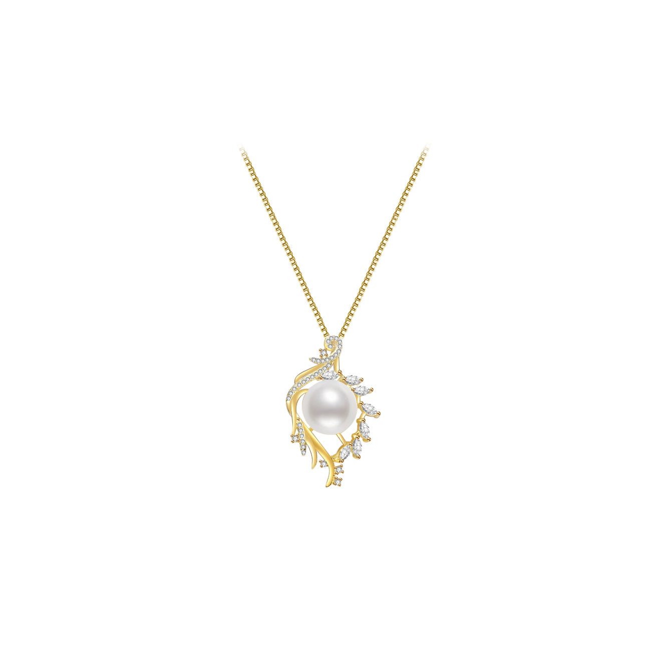 Elegant Freshwater Pearl Necklace WN00092 featuring a white pearl, gold plated sterling silver, and cubic zirconia accents in a leaf design.