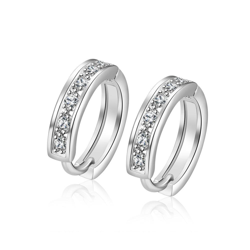 Elegant Elements Mini Hoops earrings featuring certified crystals and 18K white gold plating, designed for comfort and style.