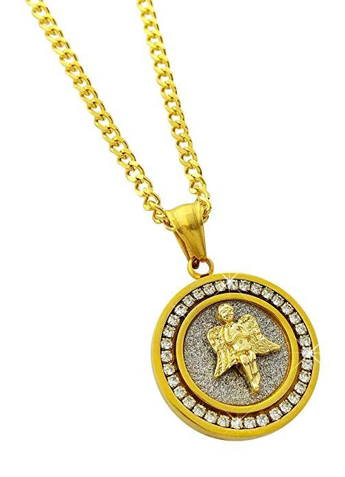 Elements My Angel Circular Pendant Necklace featuring 14K gold plating, white stones, and a link curb chain, elegantly displayed.