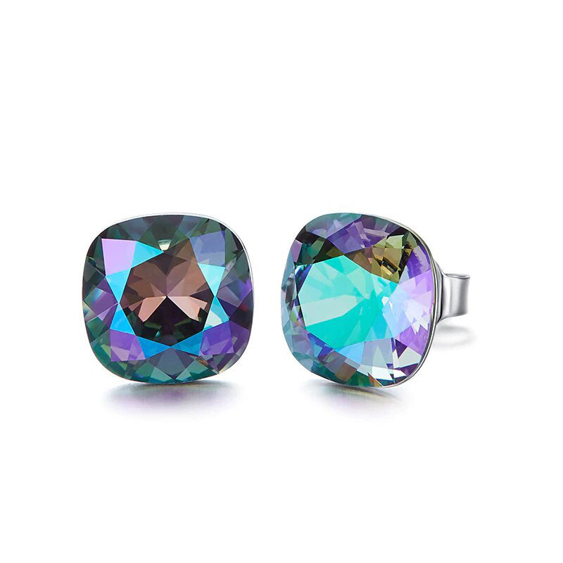 Elements Mystic Topaz Square Stud Earrings in 14K white gold plating, featuring a vibrant Mystic Topaz stone and a butterfly post back clasp.