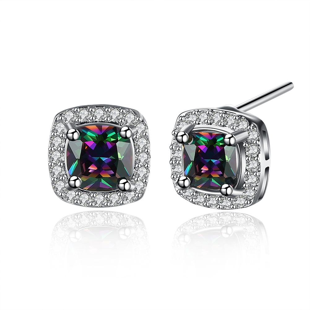 Elements Mystic Topaz Stud Earrings featuring certified crystals set in 18K white gold plating, showcasing a luxurious and elegant design.