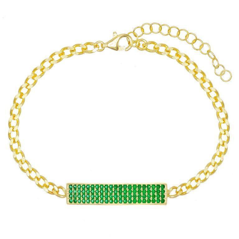 Elements Pav'e Bar Curb Chain ID Bracelet in 14K Gold featuring vibrant green and pink stones, elegant curb chain design, and lobster clasp.