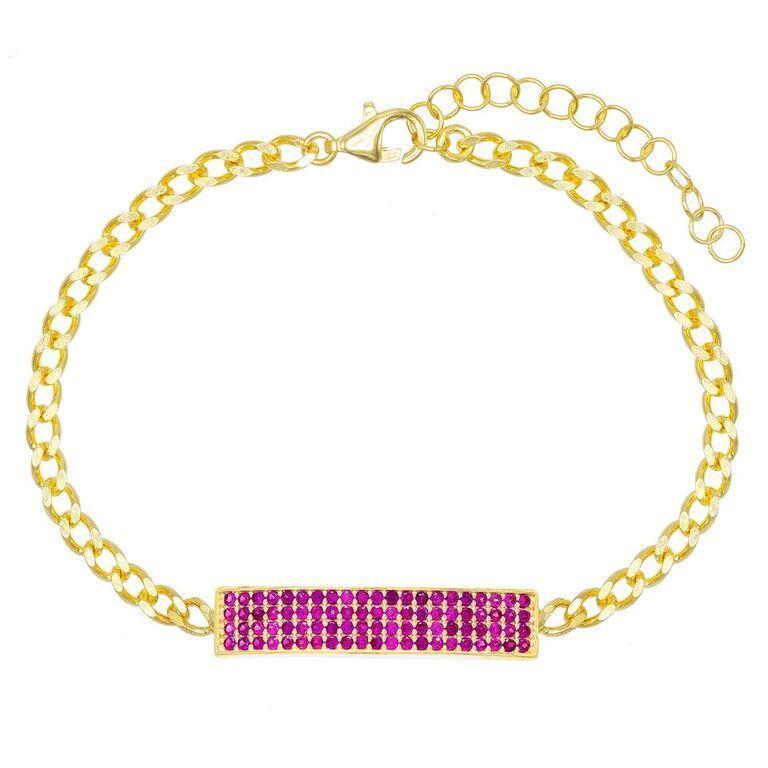 Elements Pav'e Bar Curb Chain ID Bracelet in 14K Gold featuring vibrant green and pink stones, elegant curb chain design, and lobster clasp.