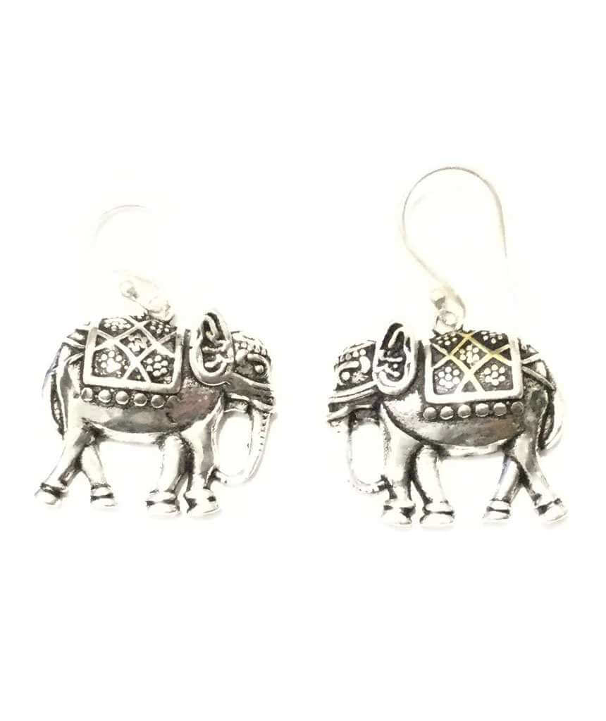 A pair of stylish elephant earrings made from brass and silver, featuring intricate detailing and an adjustable design, perfect for sensitive skin.